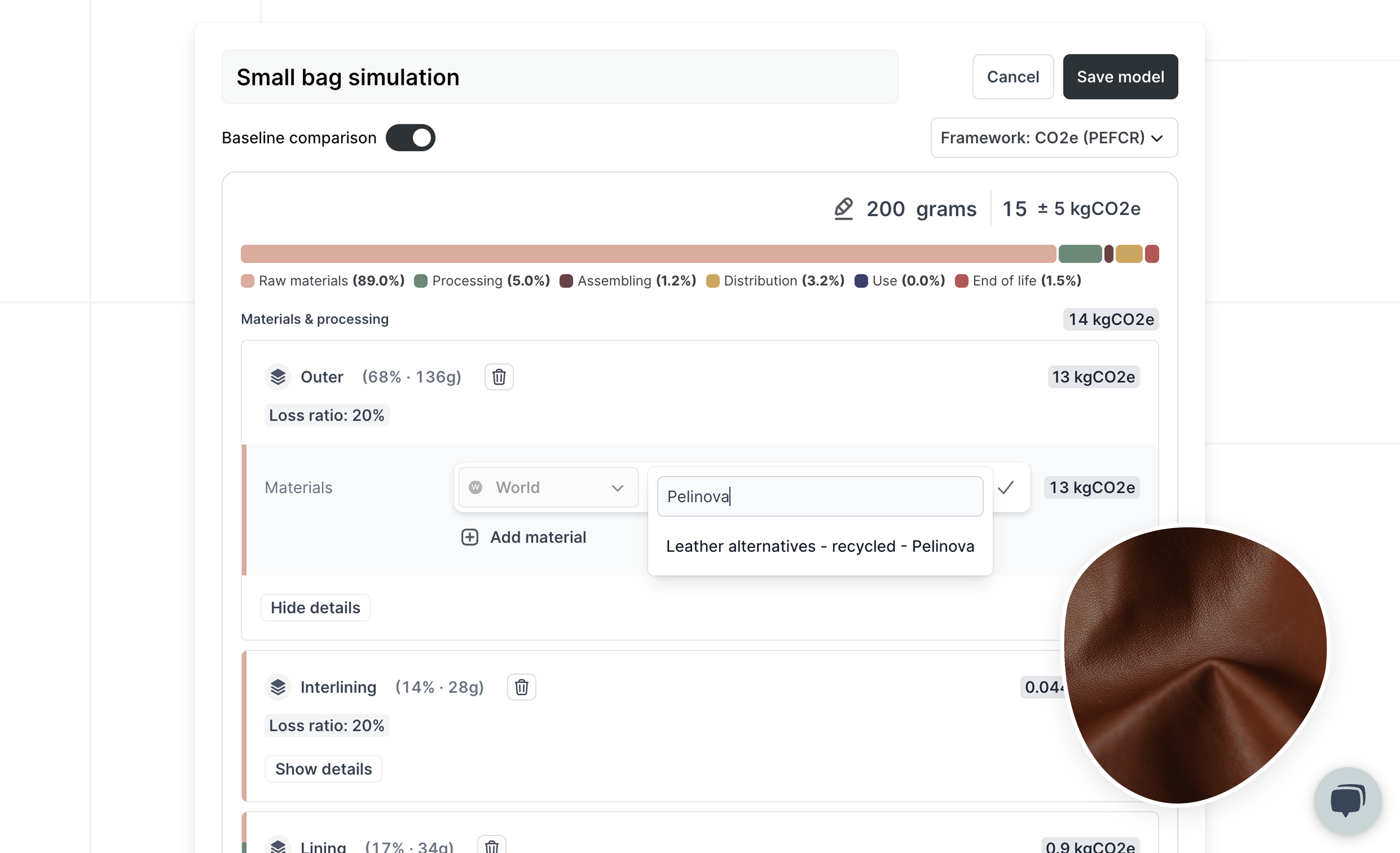 Leather environmental impact simulation